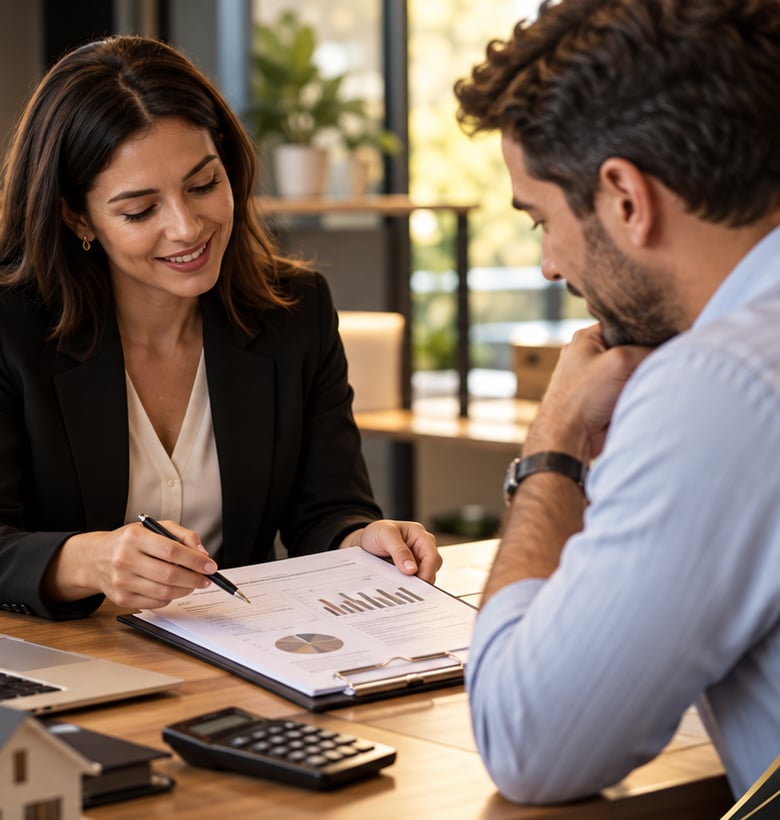 Consultora apresentando simulação de financiamento a um cliente